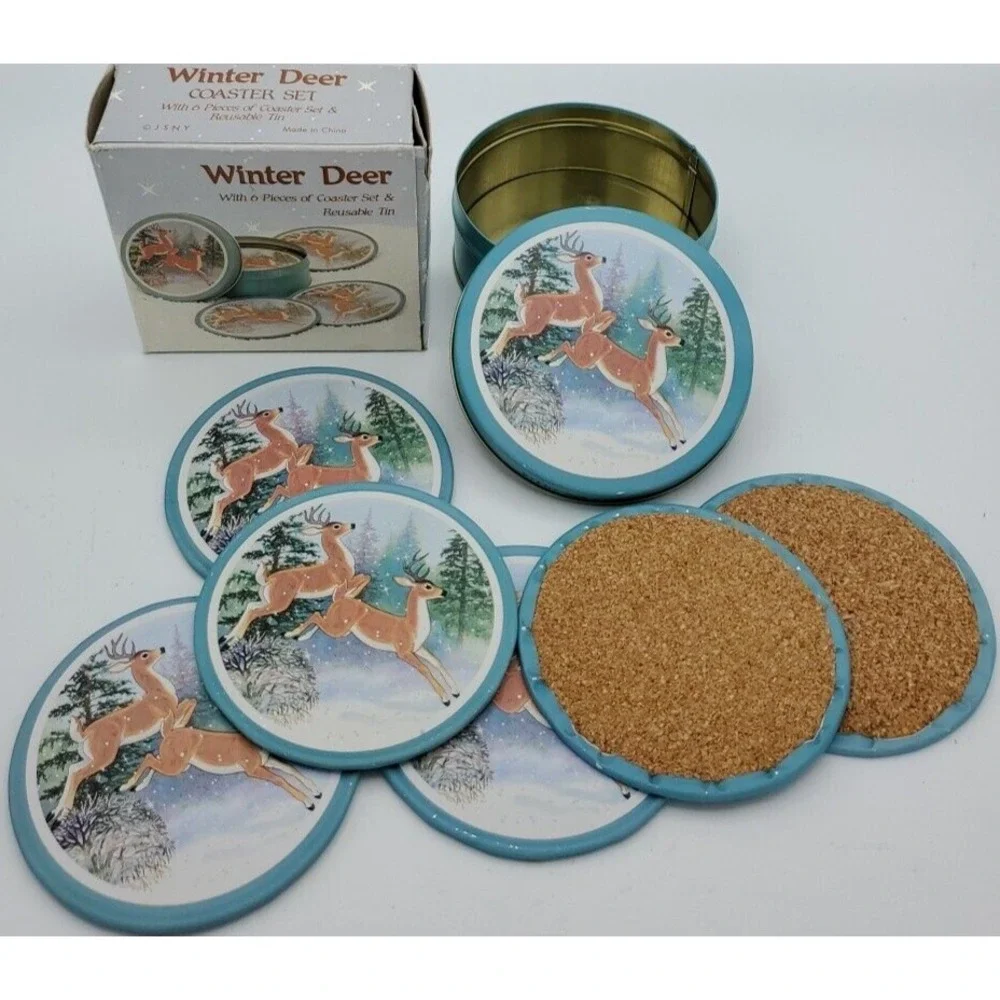 Vintage 1990 Winter Deer Coaster Set With Tin Christmas Buck 6 Piece